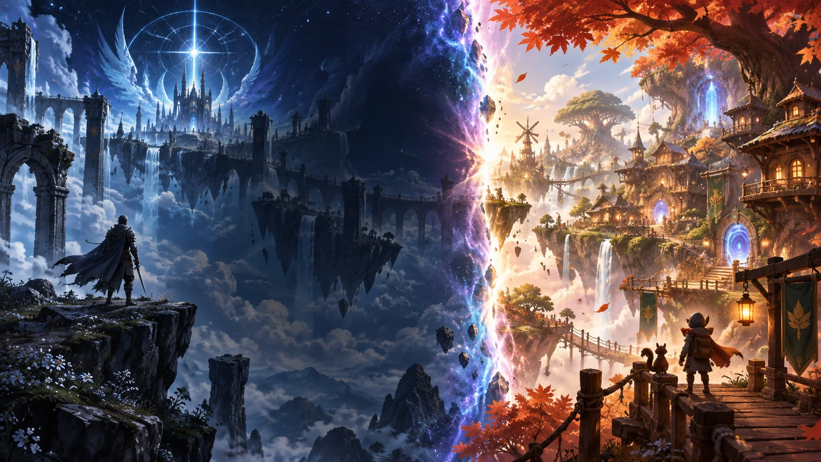 Two fantasy worlds connected by a luminous portal